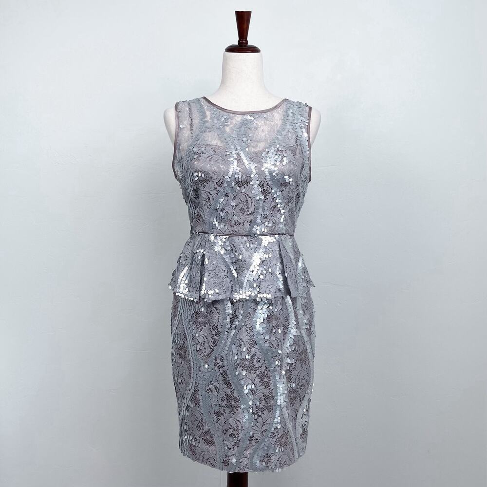 Adrianna Papell Silver Sequin Lace Sleeveless Peplum Sheath Pencil Dress SIZE 6 - Picture 1 of 10